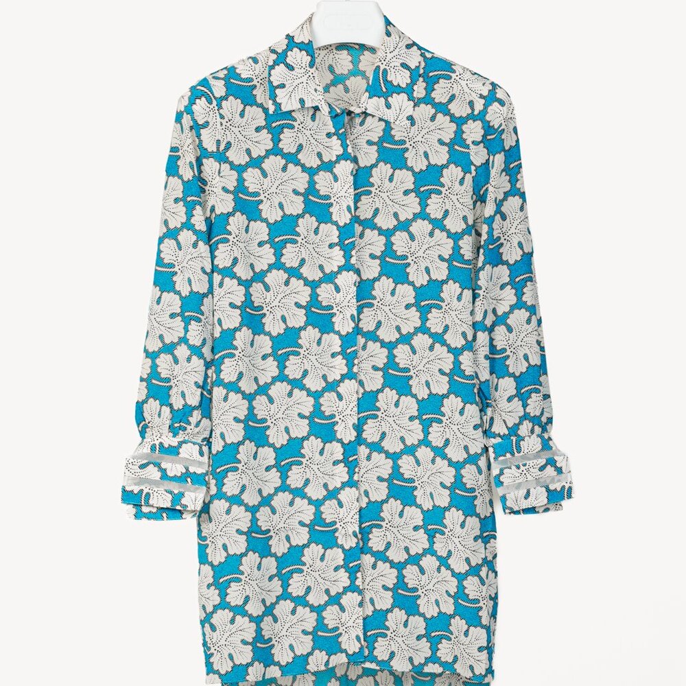 Fendi AW/17 Blue & White Leaf-Print Silk Shirtdress